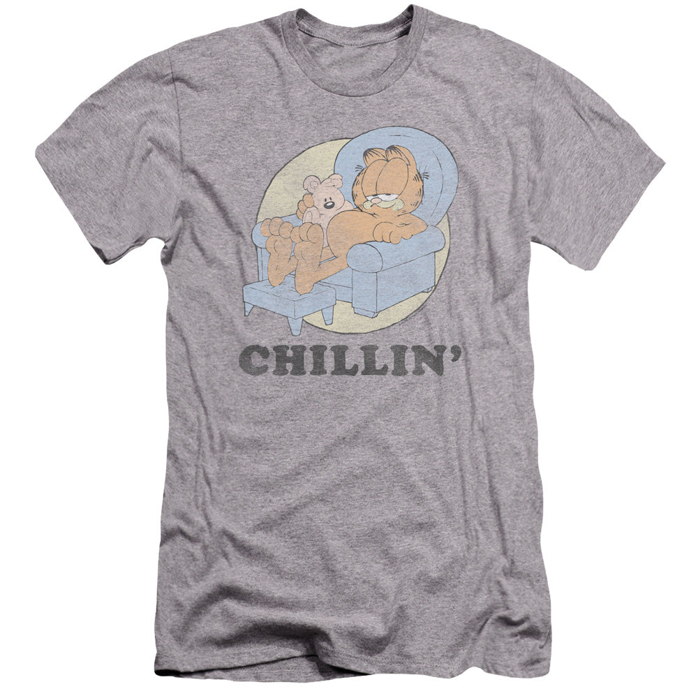 AN OFFCIALLY LICENSED GARFIELD CHILLIN MEN'S PREMIUM SLIM FIT T-SHIRT ATHLETIC HEATHER