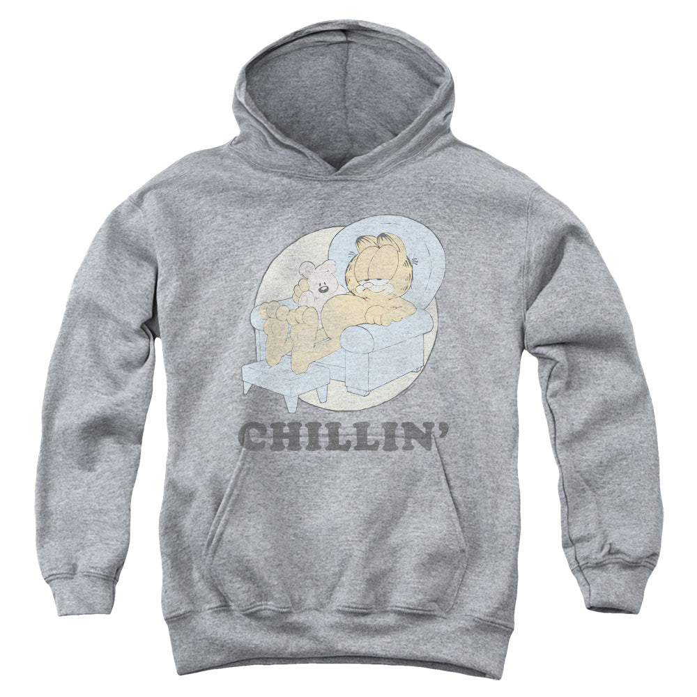 AN OFFCIALLY LICENSED GARFIELD CHILLIN YOUTH HOODIE ATHLETIC HEATHER