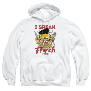 AN OFFCIALLY LICENSED GARFIELD SPEAKING LOVE ADULT UNISEX PULLOVER HOODIE WHITE