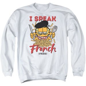 AN OFFCIALLY LICENSED GARFIELD SPEAKING LOVE ADULT UNISEX CREWNECK SWEATSHIRT WHITE