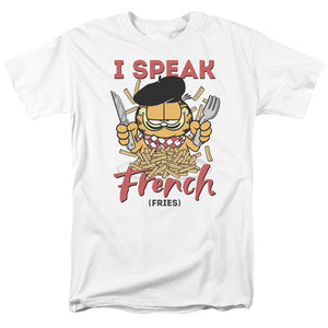 AN OFFCIALLY LICENSED GARFIELD SPEAKING LOVE MEN'S REGULAR FIT T-SHIRT WHITE