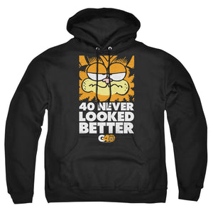 AN OFFCIALLY LICENSED GARFIELD 40 LOOKS ADULT UNISEX PULLOVER HOODIE BLACK