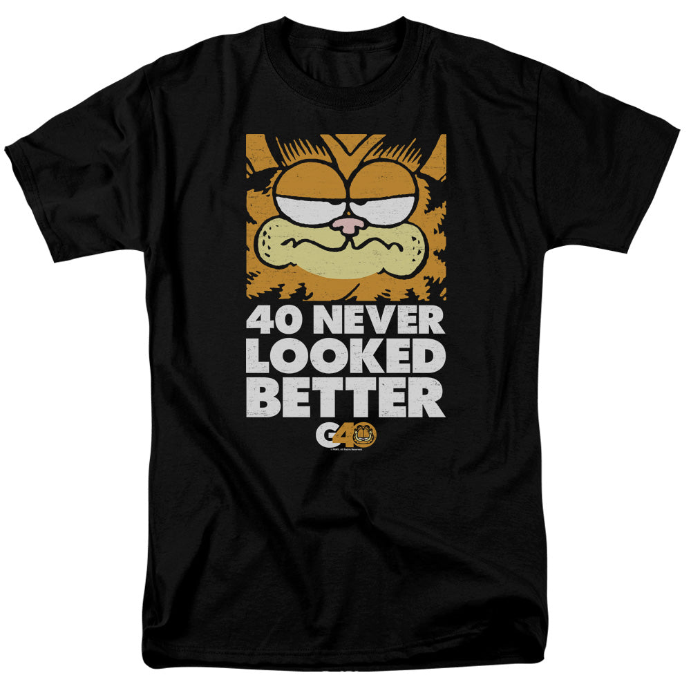 AN OFFCIALLY LICENSED GARFIELD 40 LOOKS MEN'S REGULAR FIT T-SHIRT BLACK