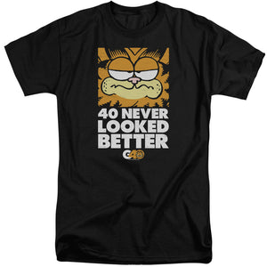 AN OFFCIALLY LICENSED GARFIELD 40 LOOKS MEN'S TALL FIT T-SHIRT BLACK