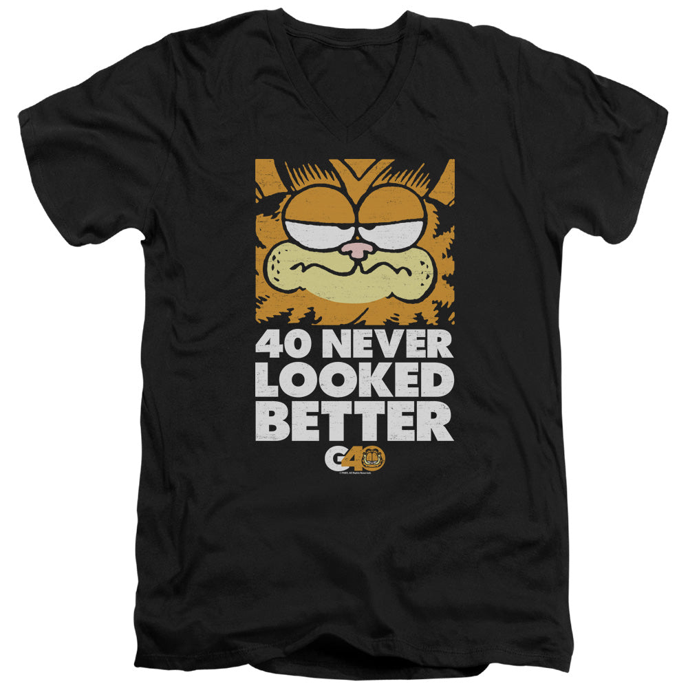 AN OFFCIALLY LICENSED GARFIELD 40 LOOKS MEN'S V-NECK T-SHIRT BLACK