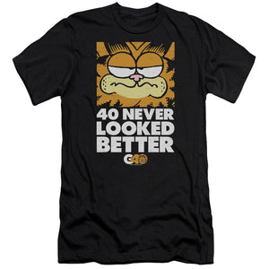 AN OFFCIALLY LICENSED GARFIELD 40 LOOKS MEN'S PREMIUM SLIM FIT T-SHIRT BLACK