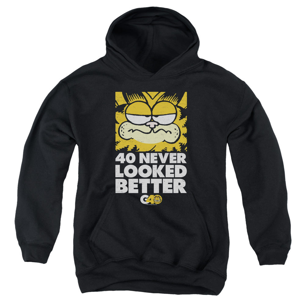 AN OFFCIALLY LICENSED GARFIELD 40 LOOKS YOUTH HOODIE BLACK