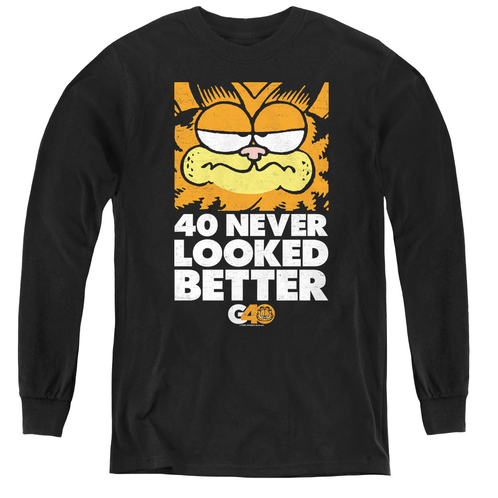 AN OFFCIALLY LICENSED GARFIELD 40 LOOKS YOUTH LONG SLEEVE T-SHIRT BLACK
