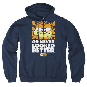 AN OFFCIALLY LICENSED GARFIELD 40 LOOKS ADULT UNISEX PULLOVER HOODIE NAVY