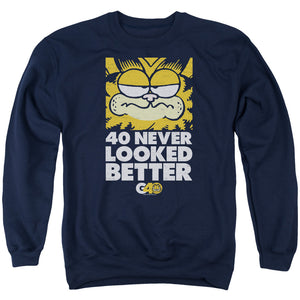 AN OFFCIALLY LICENSED GARFIELD 40 LOOKS ADULT UNISEX CREWNECK SWEATSHIRT NAVY