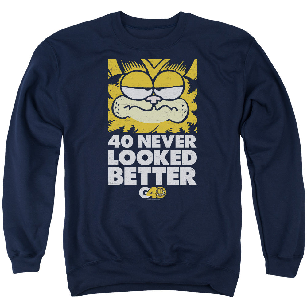 AN OFFCIALLY LICENSED GARFIELD 40 LOOKS ADULT UNISEX CREWNECK SWEATSHIRT NAVY