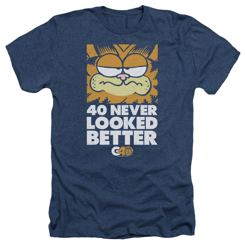 AN OFFCIALLY LICENSED GARFIELD 40 LOOKS MEN'S HEATHER T-SHIRT NAVY