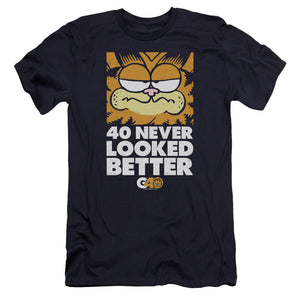 AN OFFCIALLY LICENSED GARFIELD 40 LOOKS MEN'S PREMIUM SLIM FIT T-SHIRT NAVY