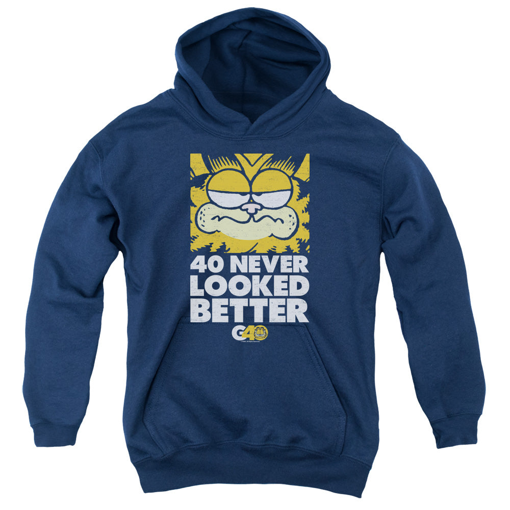 AN OFFCIALLY LICENSED GARFIELD 40 LOOKS YOUTH HOODIE NAVY