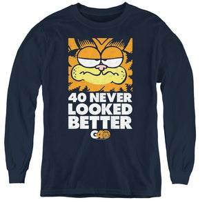 AN OFFCIALLY LICENSED GARFIELD 40 LOOKS YOUTH LONG SLEEVE T-SHIRT NAVY