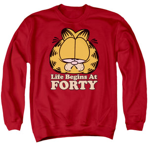 AN OFFCIALLY LICENSED GARFIELD LIFE BEGINS AT FORTY ADULT UNISEX CREWNECK SWEATSHIRT RED