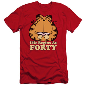 AN OFFCIALLY LICENSED GARFIELD LIFE BEGINS AT FORTY MEN'S PREMIUM SLIM FIT T-SHIRT RED