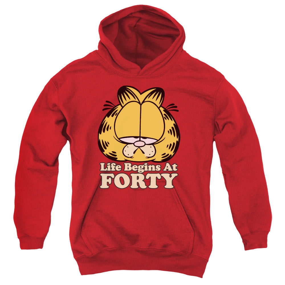 AN OFFCIALLY LICENSED GARFIELD LIFE BEGINS AT FORTY YOUTH HOODIE RED