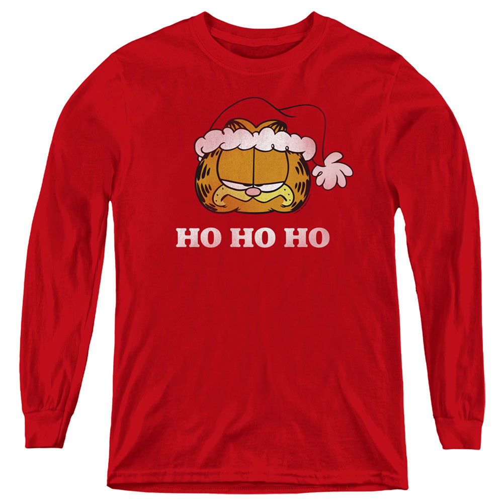 AN OFFCIALLY LICENSED GARFIELD HO HO HO YOUTH LONG SLEEVE T-SHIRT RED