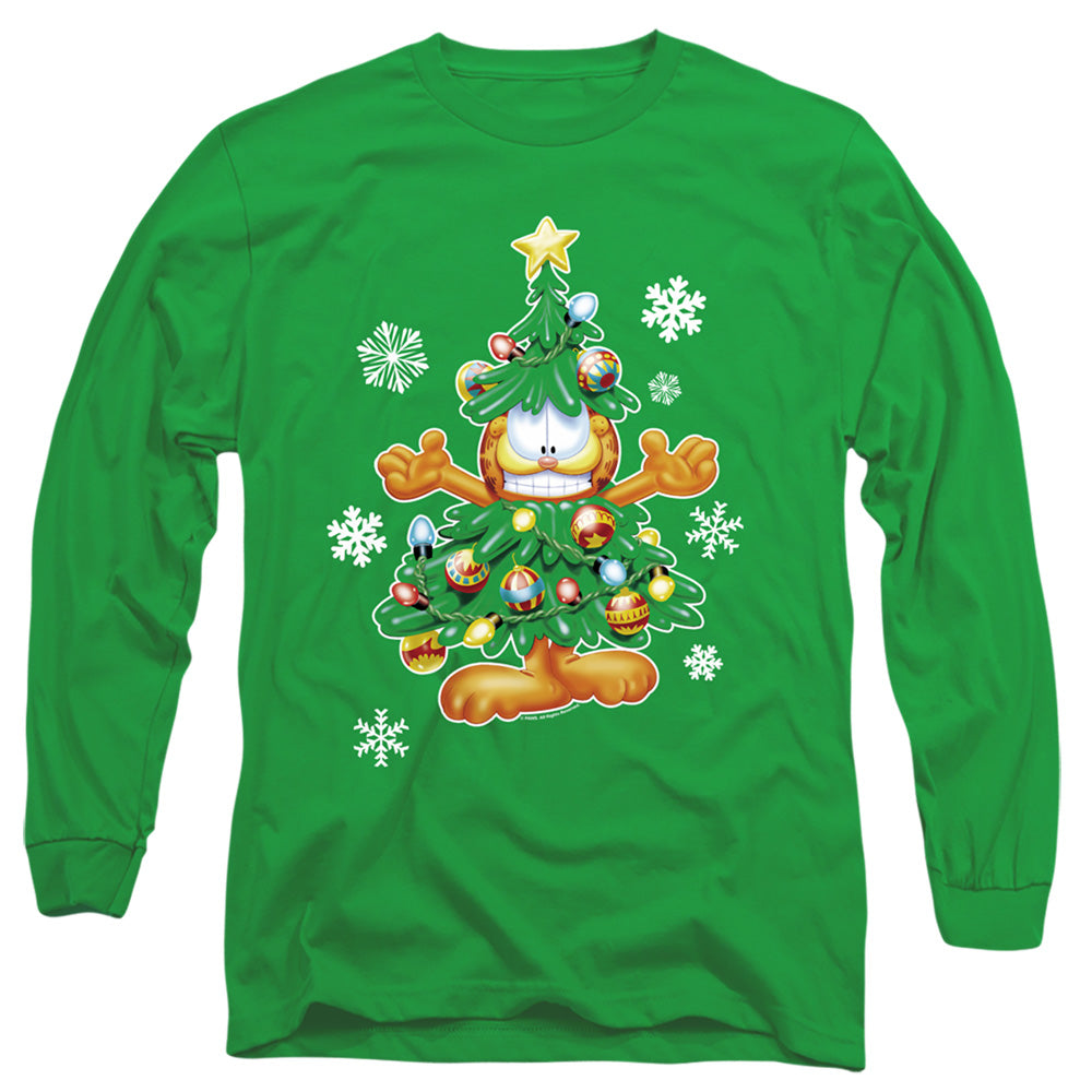 AN OFFCIALLY LICENSED GARFIELD TREE MEN'S LONG SLEEVE T-SHIRT KELLY GREEN