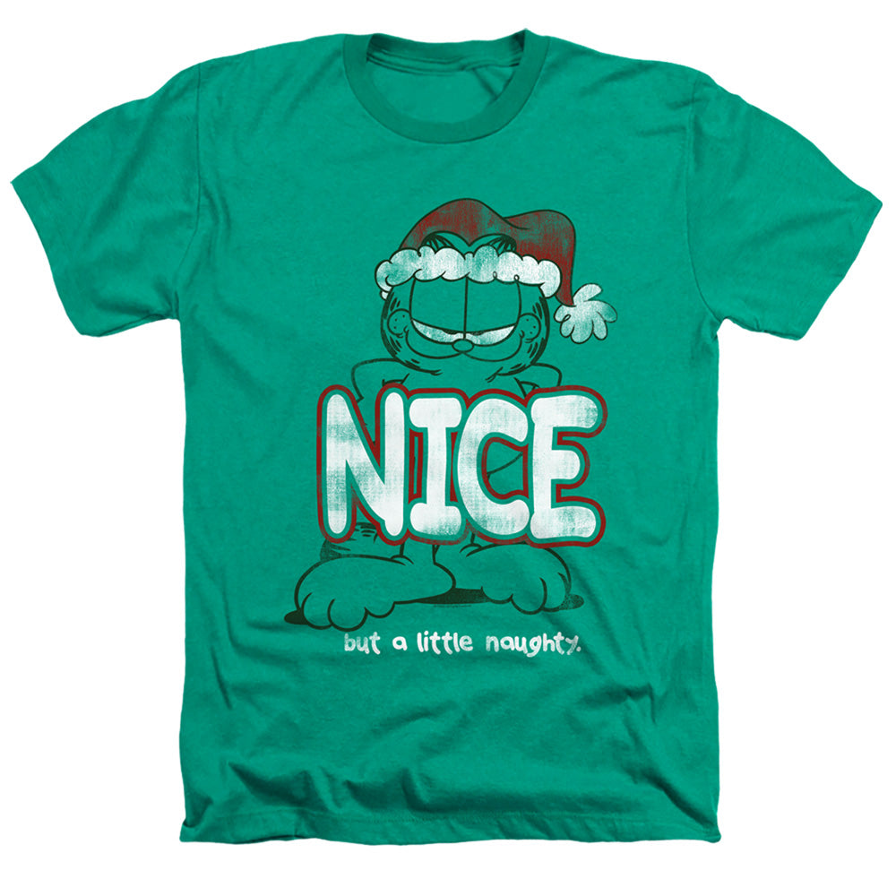 AN OFFCIALLY LICENSED GARFIELD A LITTLE NAUGHTY MEN'S HEATHER T-SHIRT KELLY GREEN