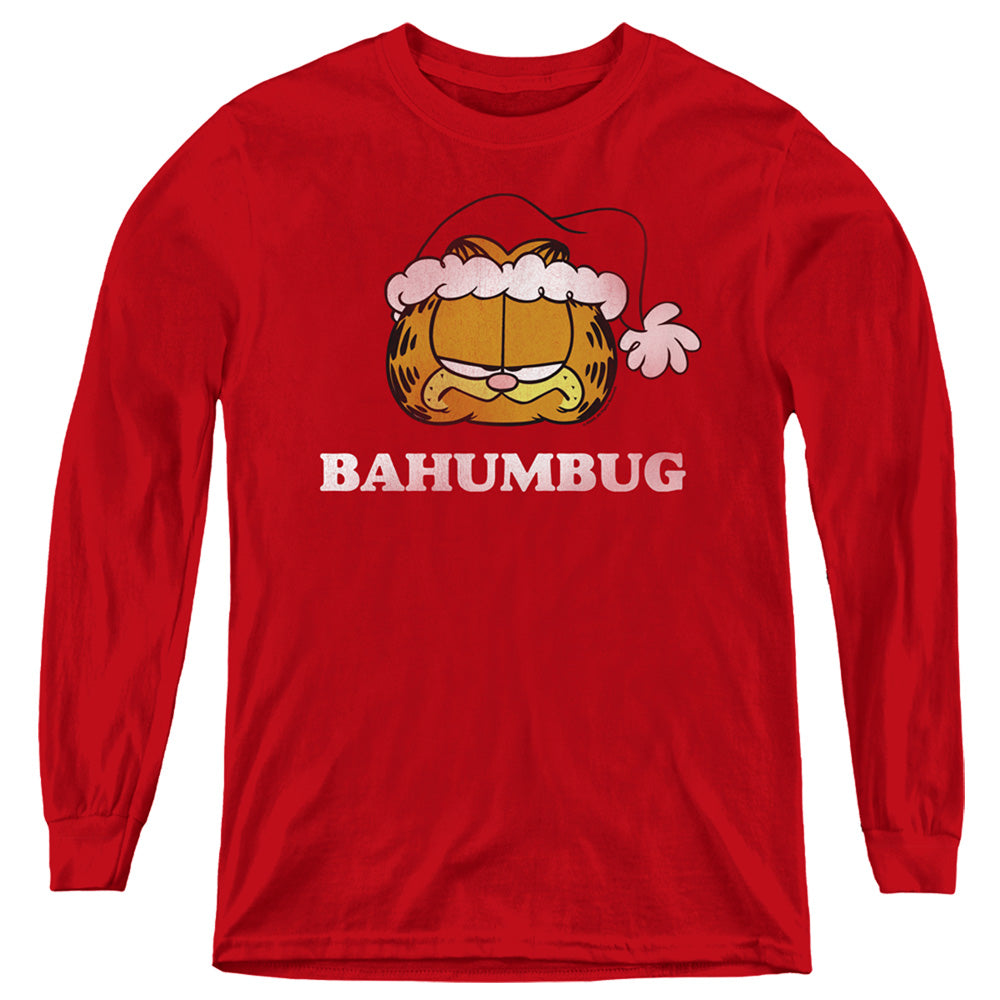 AN OFFCIALLY LICENSED GARFIELD BAHUMBUG YOUTH LONG SLEEVE T-SHIRT RED