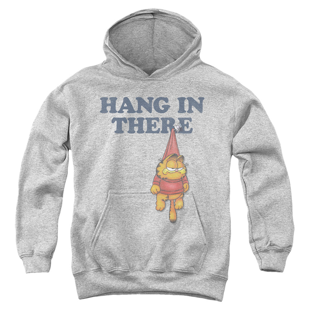 AN OFFCIALLY LICENSED GARFIELD HANG IN THERE YOUTH HOODIE ATHLETIC HEATHER