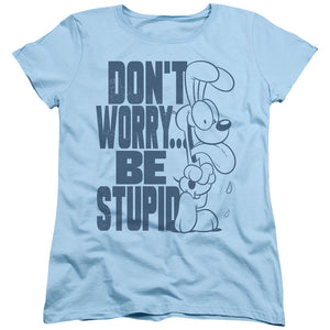 AN OFFCIALLY LICENSED GARFIELD DON'T WORRY WOMEN'S REGULAR FIT T-SHIRT LIGHT BLUE