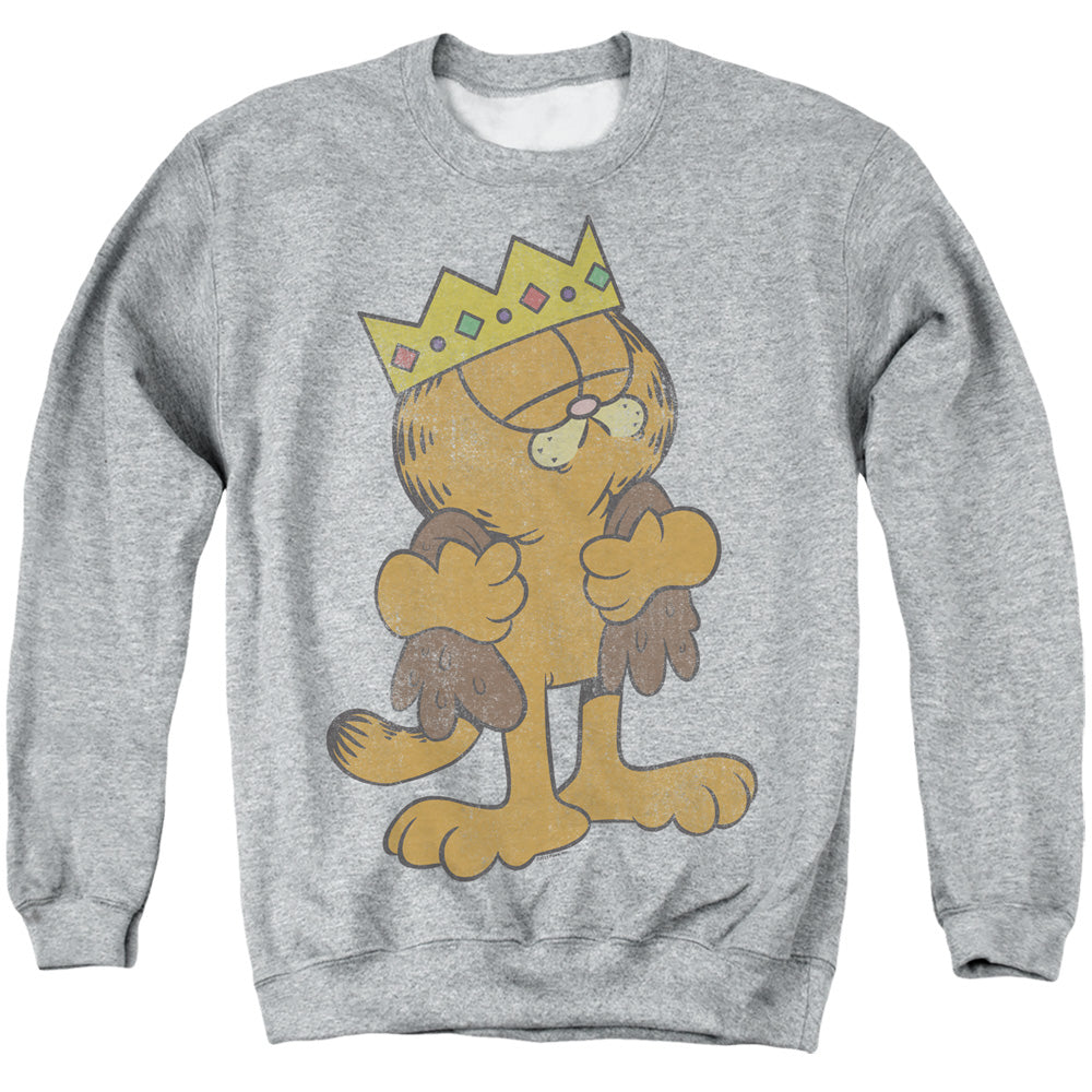 AN OFFCIALLY LICENSED GARFIELD KING GARFIELD ADULT UNISEX CREWNECK SWEATSHIRT ATHLETIC HEATHER