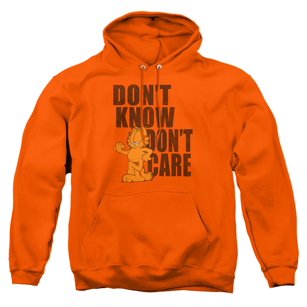 AN OFFCIALLY LICENSED GARFIELD DON'T KNOW DON'T CARE ADULT UNISEX PULLOVER HOODIE ORANGE