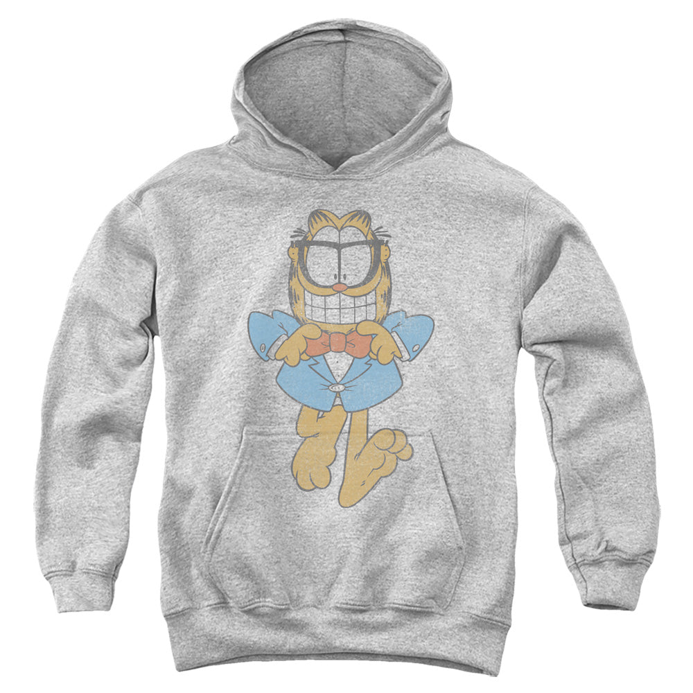 AN OFFCIALLY LICENSED GARFIELD DAPPER CAT YOUTH HOODIE ATHLETIC HEATHER