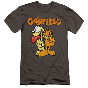 AN OFFCIALLY LICENSED GARFIELD GARFIELD THE GAME MEN'S PREMIUM SLIM FIT T-SHIRT CHARCOAL