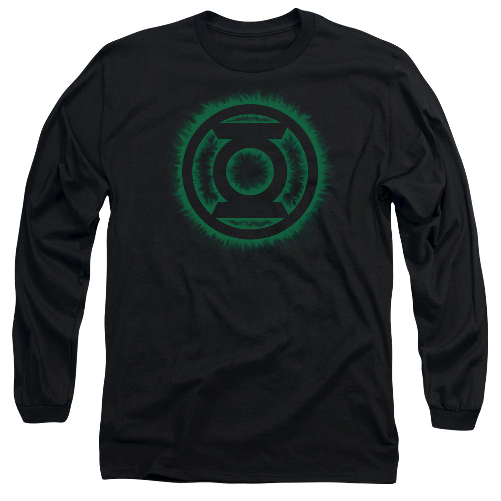 AN OFFCIALLY LICENSED GREEN LANTERN GREEN FLAME LOGO MEN'S LONG SLEEVE T-SHIRT BLACK