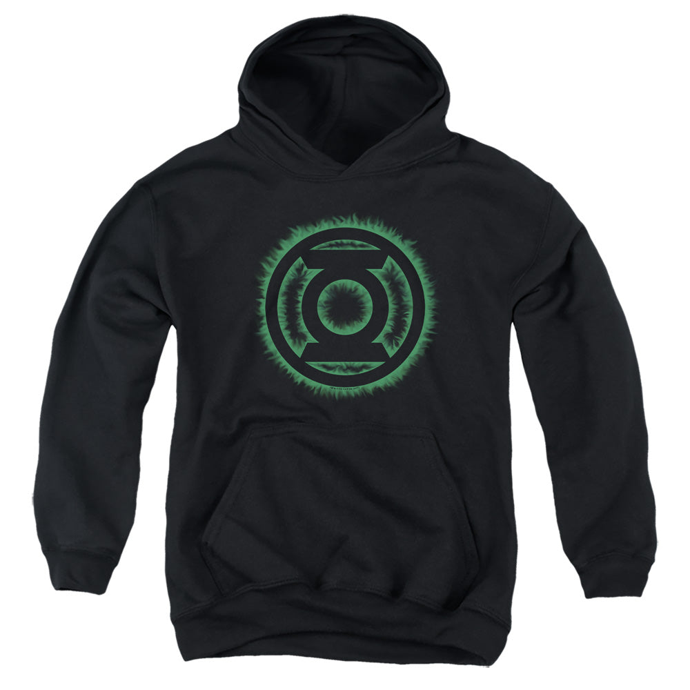 AN OFFCIALLY LICENSED GREEN LANTERN GREEN FLAME LOGO YOUTH HOODIE BLACK