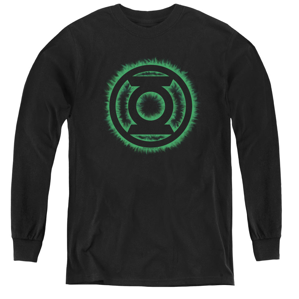AN OFFCIALLY LICENSED GREEN LANTERN GREEN FLAME LOGO YOUTH LONG SLEEVE T-SHIRT BLACK