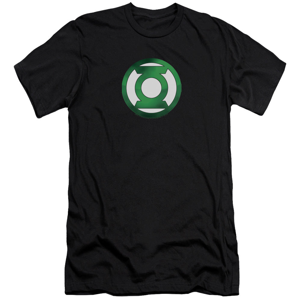 AN OFFCIALLY LICENSED GREEN LANTERN GREEN CHROME LOGO MEN'S PREMIUM SLIM FIT T-SHIRT BLACK