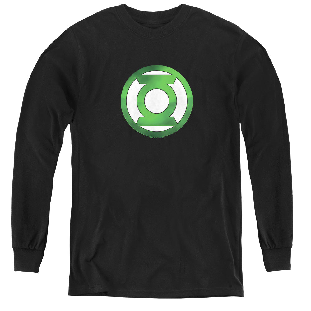 AN OFFCIALLY LICENSED GREEN LANTERN GREEN CHROME LOGO YOUTH LONG SLEEVE T-SHIRT BLACK