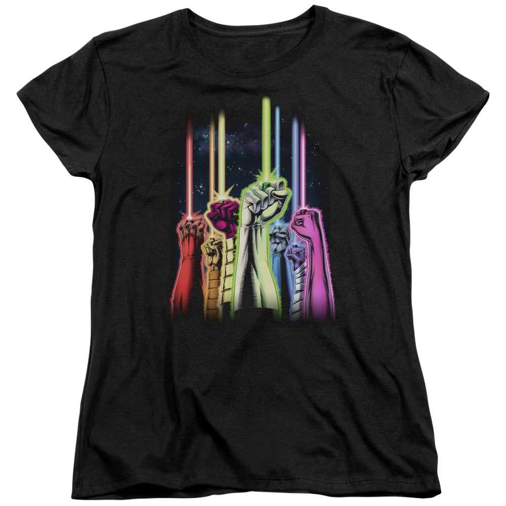 AN OFFCIALLY LICENSED GREEN LANTERN RAINBOW CORPS WOMEN'S REGULAR FIT T-SHIRT BLACK