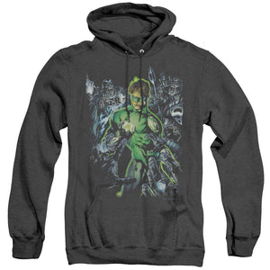 AN OFFCIALLY LICENSED GREEN LANTERN SURROUNDED BY DEATH ADULT UNISEX HEATHER PULLOVER HOODIE BLACK