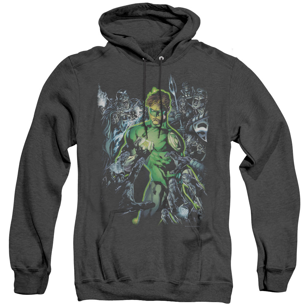 AN OFFCIALLY LICENSED GREEN LANTERN SURROUNDED BY DEATH ADULT UNISEX HEATHER PULLOVER HOODIE BLACK