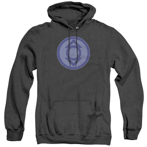 AN OFFCIALLY LICENSED GREEN LANTERN INDIGO SYMBOL ADULT UNISEX HEATHER PULLOVER HOODIE BLACK