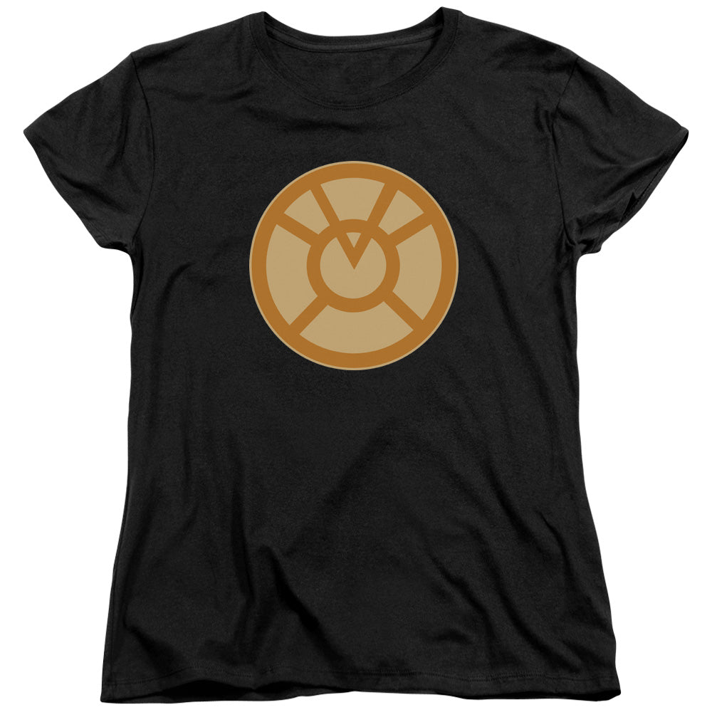AN OFFCIALLY LICENSED GREEN LANTERN ORANGE SYMBOL WOMEN'S REGULAR FIT T-SHIRT BLACK