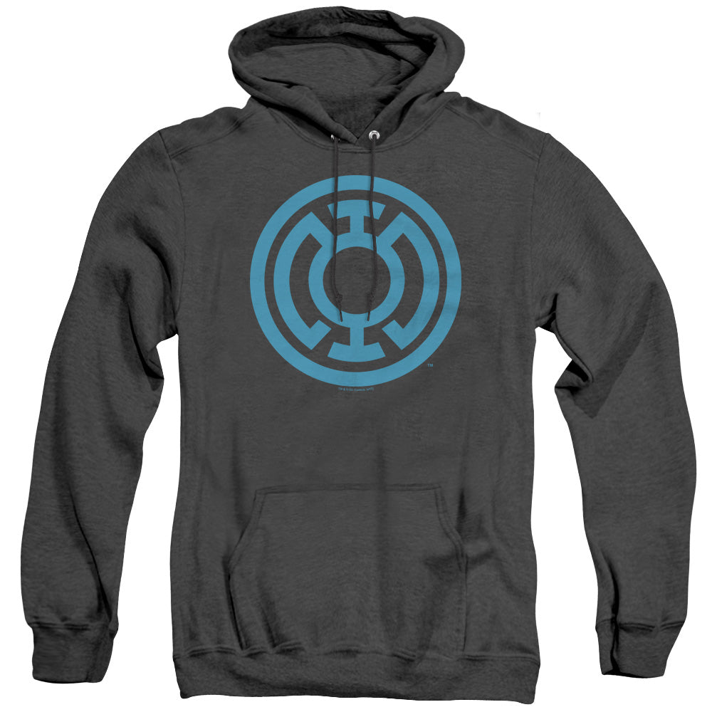 AN OFFCIALLY LICENSED GREEN LANTERN LT BLUE EMBLEM ADULT UNISEX HEATHER PULLOVER HOODIE BLACK