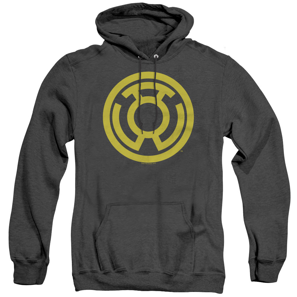 AN OFFCIALLY LICENSED GREEN LANTERN YELLOW EMBLEM ADULT UNISEX HEATHER PULLOVER HOODIE BLACK