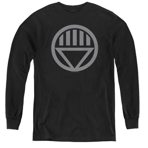 AN OFFCIALLY LICENSED GREEN LANTERN GREY EMBLEM YOUTH LONG SLEEVE T-SHIRT BLACK