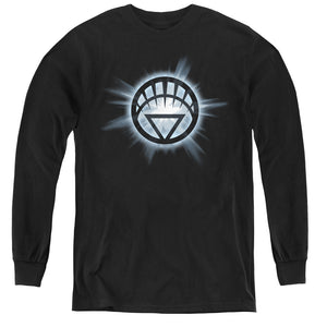 AN OFFCIALLY LICENSED GREEN LANTERN WHITE GLOW YOUTH LONG SLEEVE T-SHIRT BLACK