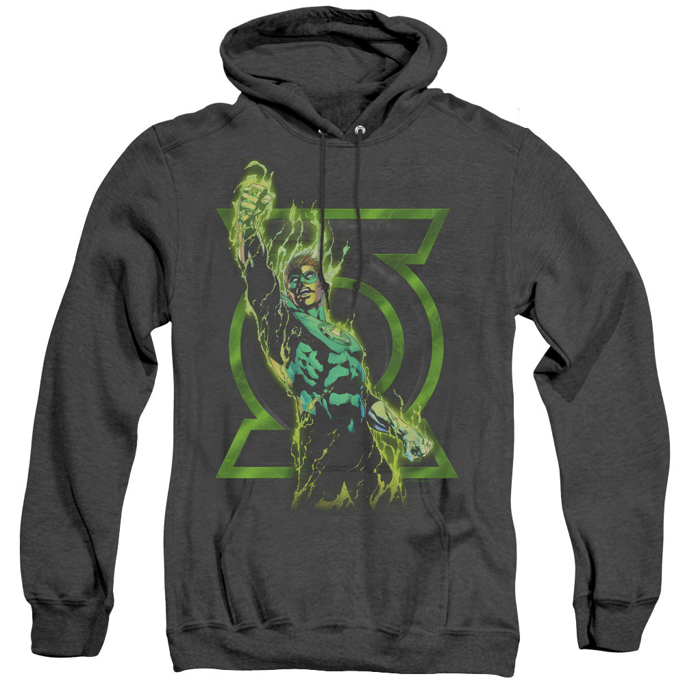 AN OFFCIALLY LICENSED GREEN LANTERN FULLY CHARGED ADULT UNISEX HEATHER PULLOVER HOODIE BLACK
