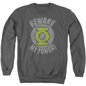 AN OFFCIALLY LICENSED GREEN LANTERN BEWARE ADULT UNISEX CREWNECK SWEATSHIRT CHARCOAL