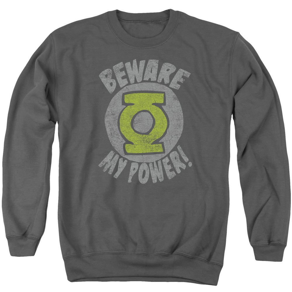 AN OFFCIALLY LICENSED GREEN LANTERN BEWARE ADULT UNISEX CREWNECK SWEATSHIRT CHARCOAL