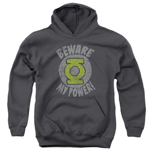 AN OFFCIALLY LICENSED GREEN LANTERN BEWARE YOUTH HOODIE CHARCOAL